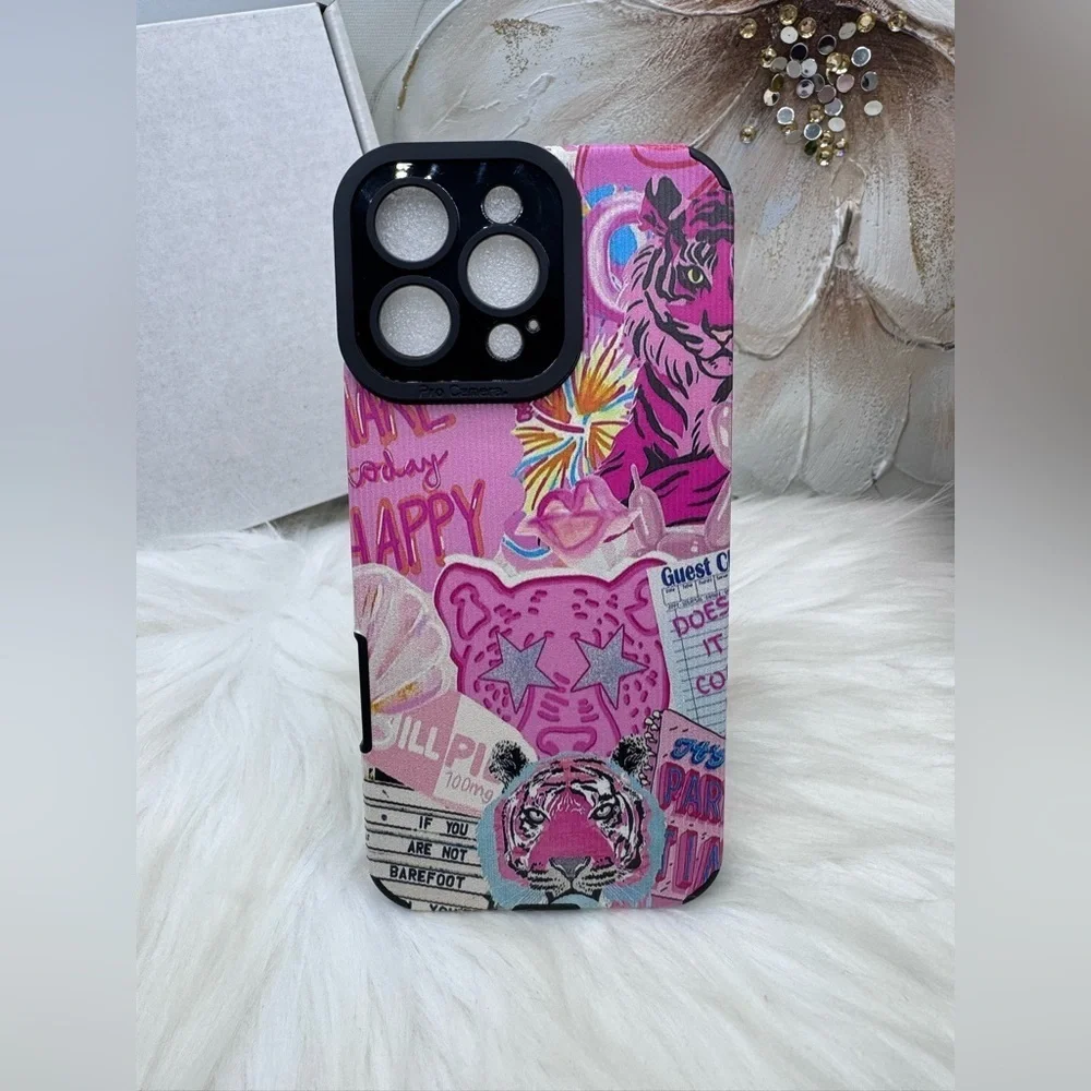 Vibrant Pink Tiger Graphic Themed iPhone 16 Pro Max Case with pink Beaded Strap